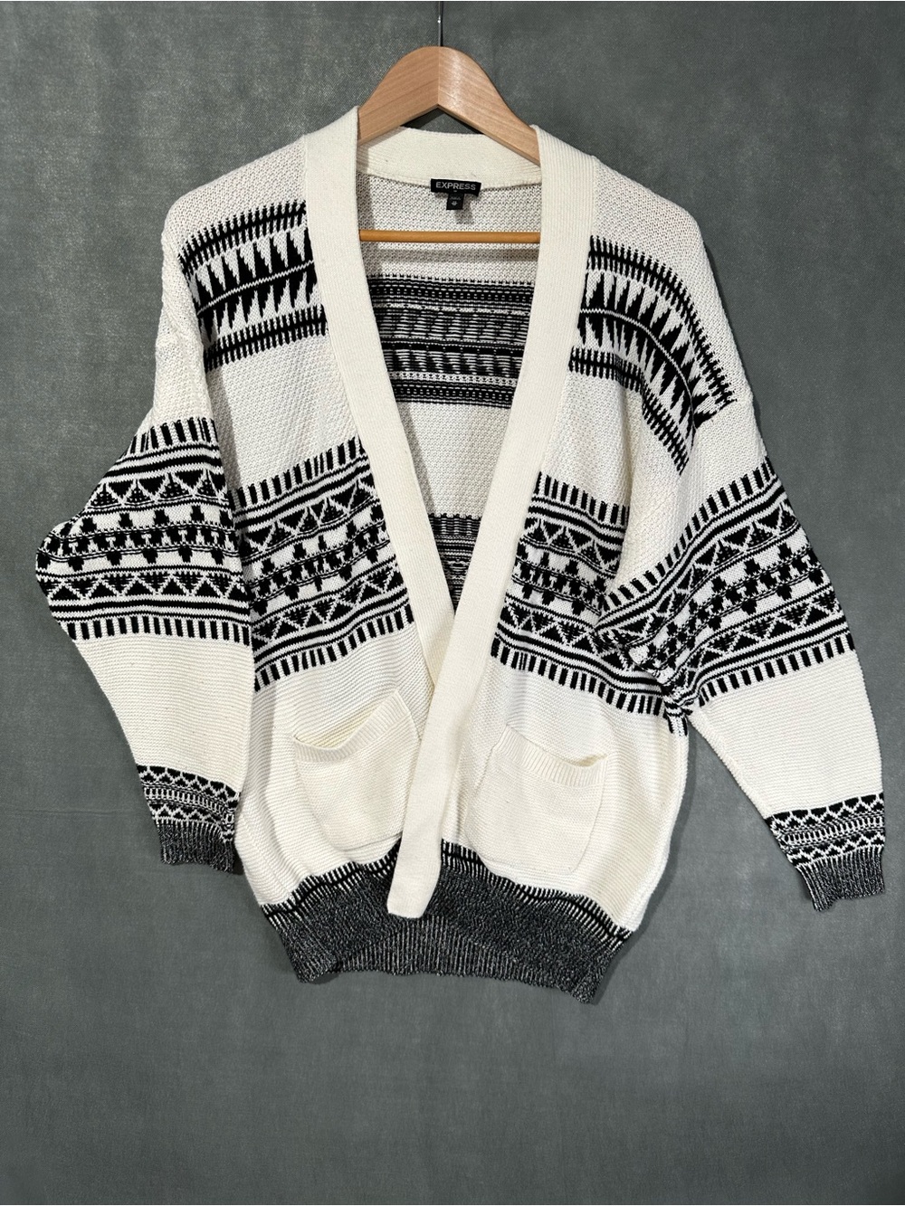 Express Black & White Geometric Pattern Open Front Cardigan - Size XS